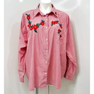 Karen Scott Women's Christmas Blouse Red Stripe Button Collar Embroidered 2X